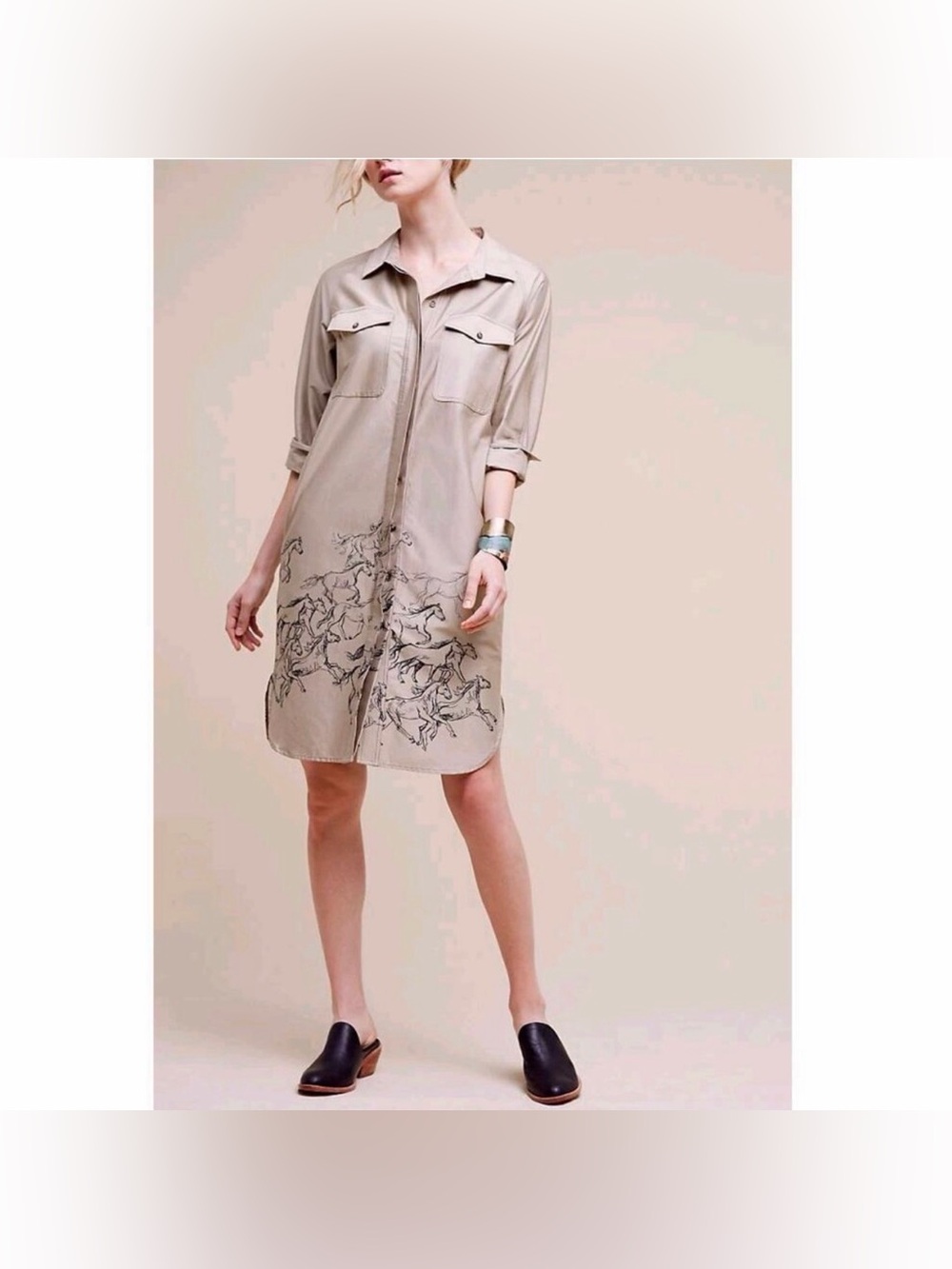Maeve Beige Button-Front Mini Shirt Dress with Horse Sketch Hem size 10